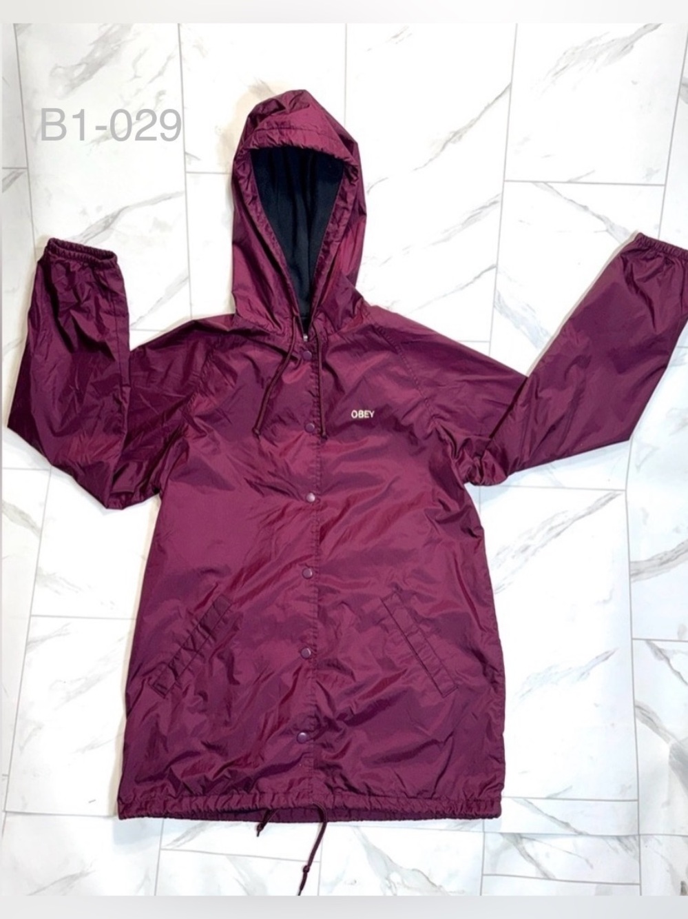 Obey Maroon Hooded Jacket Snap Front Windbreaker Size L